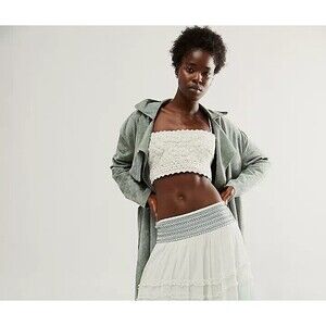 Free People Drift Away Blouse Tube Top Floral Crochet Smocked White M NEW 276222